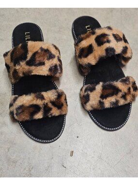 Leopard Print Faux Fur Double Strap Slides Chic Womens Indoor/Outdoor Footwear